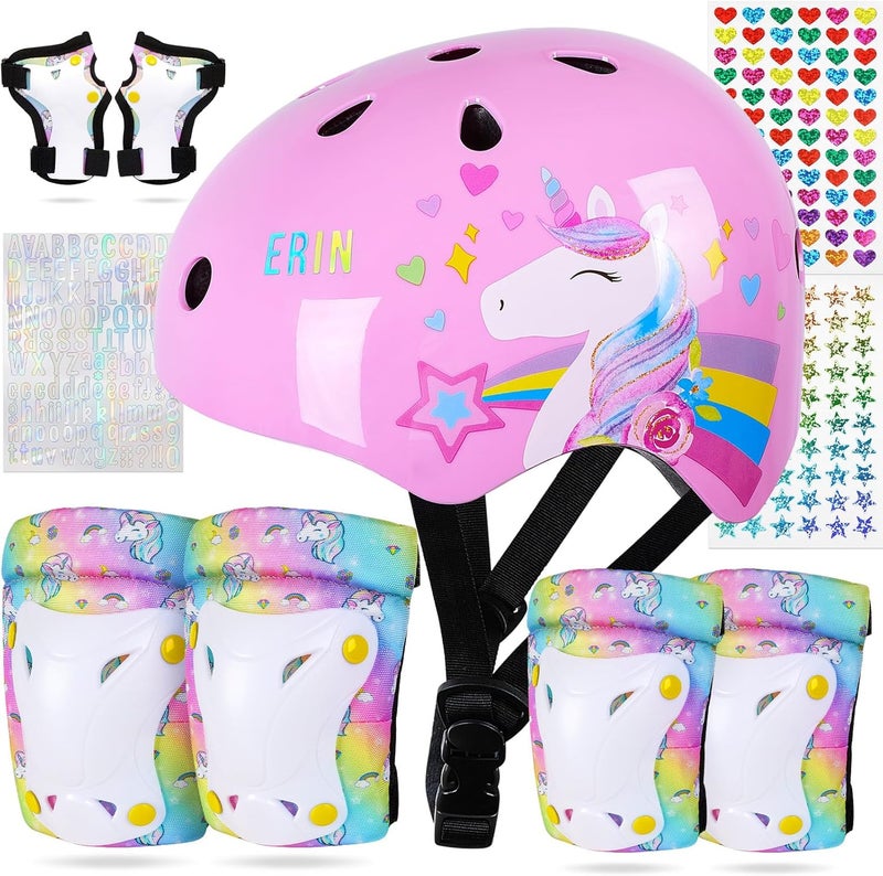 FIODAY Kids Bike Helmet, Toddler Helmet Knee and Elbow Pads Wrist Guards Adjustable Protective Gear Set with DIY Sticker for Girls 3-5-8 Years for Skateboard Inline Skating Scooter - Image 1